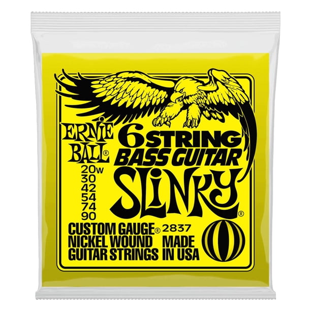Cuerdas para guitarra eléctrica Ernie Ball de 6 cuerdas de escala corta para bajo Slinky con entorchado de níquel, calibre 20w-90 (P02837)