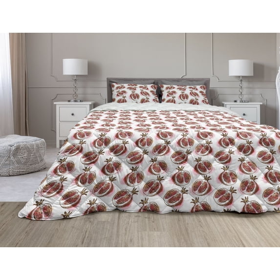 Fruits Comforter & Sham Bedding Set, Pomegranate Flowering Blurry Watercolor Mediterranean Taste Shrub Image, 3 pcs Duvet Set Microfiber Filling Quilt, 5 Sizes, Red Umber Rose, by Ambesonne
