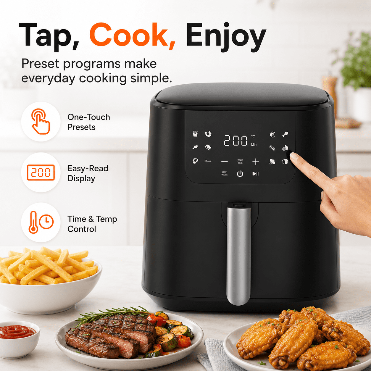 COMHOMA 5.5 QT Air Fryer, 8-in-1 Digital Countertop Air Fryer with Touchscreen, 360° Hot Air Circulation, Shake Reminder, Nonstick Dishwasher-Safe Basket