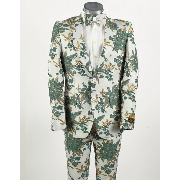Mens 2 Button Hunter Green & White Floral Paisley Prom and Wedding Tuxedo By Alberto Nardoni Brand Designer