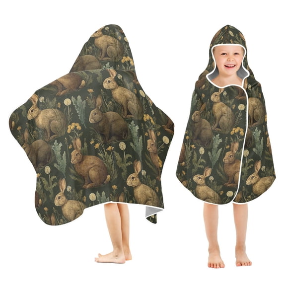 Yayeee Kids Hooded Towel with Hand Pockets Beach Soft Absorbent Bath Wrap 50 x 23.5 inch, Brown Floral Rabbits Pattern