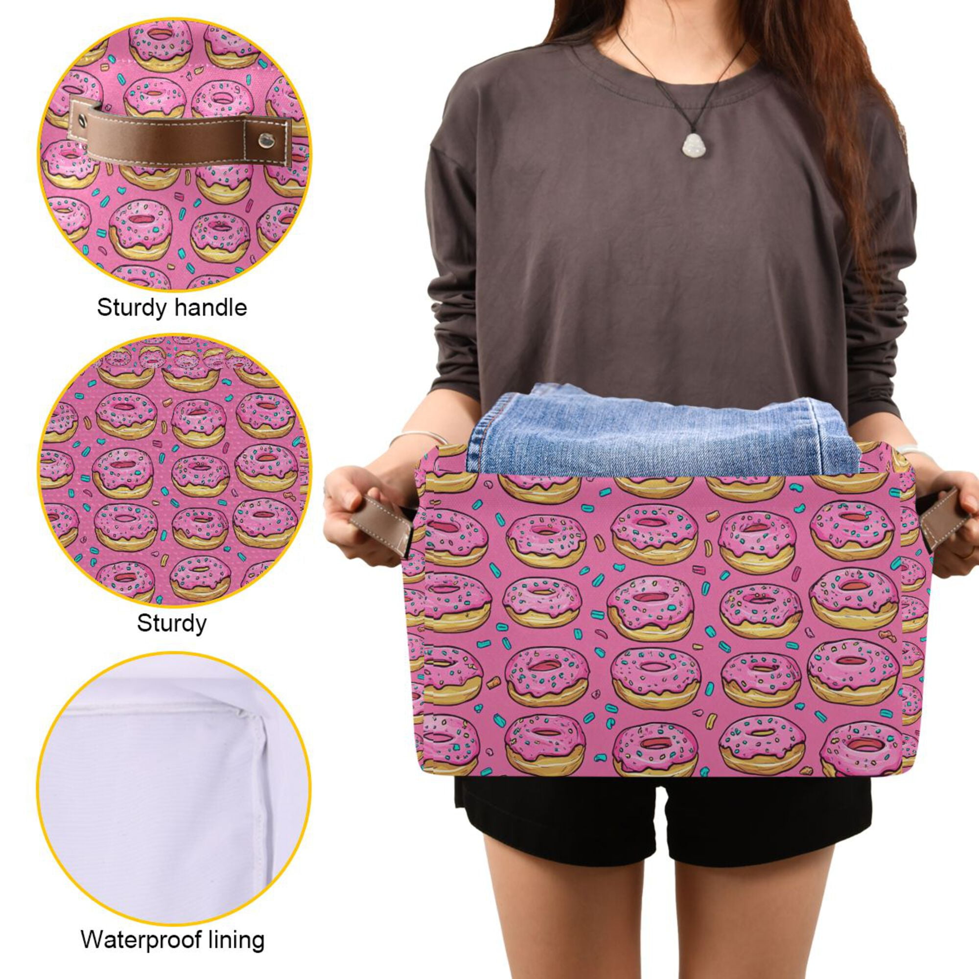 Yayeee 2 Pack Canvas Storage Basket with Handles for Shelves Fabric Bins Closet Organizer, Pink Doughnuts