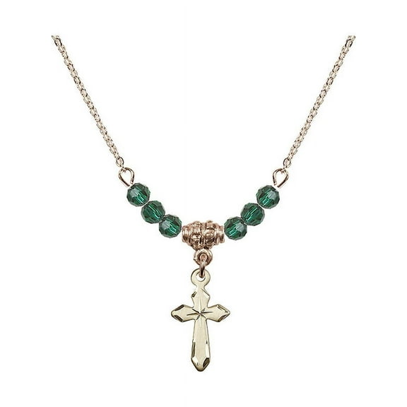 18-Inch Hamilton Gold Plated Necklace with 4mm Green May Birth Month Stone Beads and Cross Charm