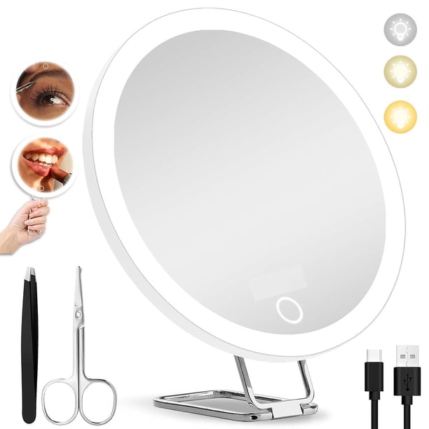 Espejo de maquillaje con iluminación, recargable por USB, 3 temperaturas de color, brillo ajustable, aumento de 30x, giratorio 360°, color blanco.