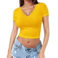 thumbnail image 2 of WCJM Women's V Neck T Shirts, Cotton Summer Casual Short Sleeve Women's Short Sleeve T-Shirt Women's Soft Workout Slim Casual Short Sleeved V Neck Crop Tops, 2 of 5