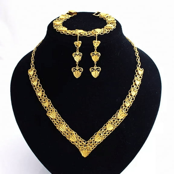 Women High Quality 18k Layered Real Gold Plated Set Necklace Bracelet Earrings