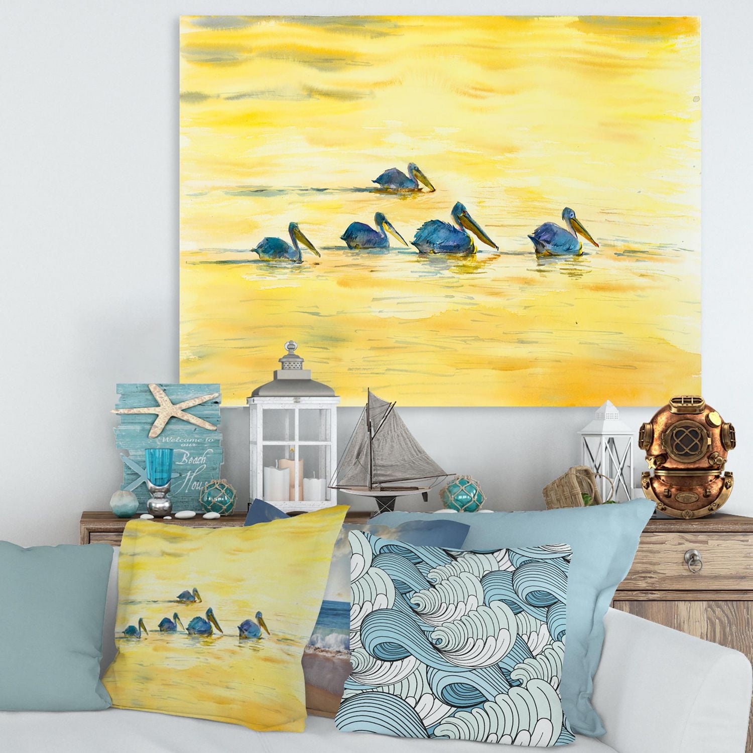 Designart Pelicans On The Yellow River Canvas Wall Art