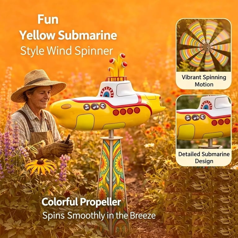 Yellow Submarine Wind Spinner, Deep Sea Rotating Kinetic Garden