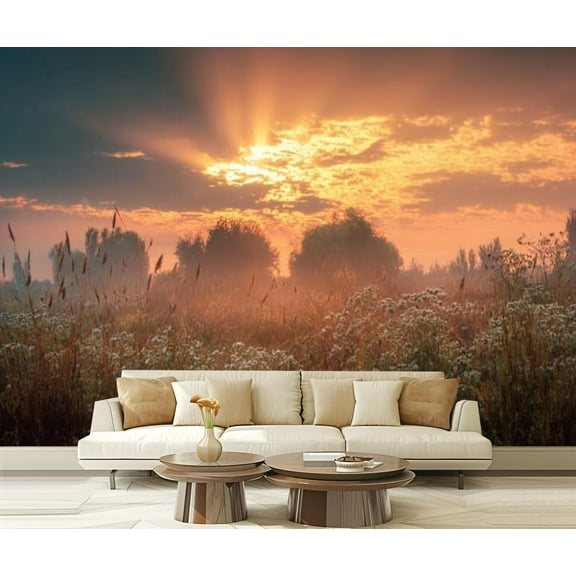 Peel and Stick Wallpaper Gorgeous foggy dreamy scenery Beautiful autumn meadow dry wildflowers Modern Art Wall Mural Decor Self Adhesive and Removable 69in x 98in