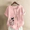 thumbnail image 2 of Cute T Shirts for Women Floral Butterfly Graphic Tees Cotton Linen Plus Size Tops Short Sleeve Button Down Blouses Trendy Summer Casual Shirts Teen Girls Loose Fit Tunic Beach Vacation Clothing, 2 of 4