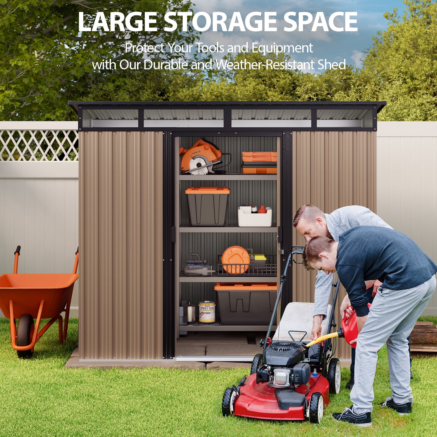 Lofka 10' x 10' ft. Outdoor Storage Shed with Sliding Doors, Metal Garden Shed with Transparent Panel Windows for Storing Lawn Mower, Electric Drill, Brown