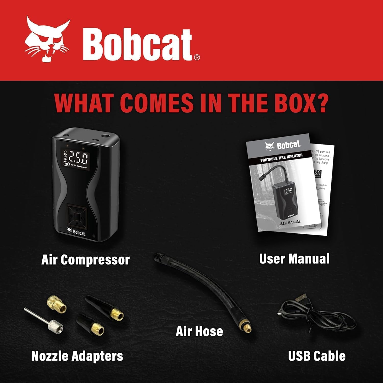 Bobcat Tire Inflator Portable Air Compressor 4000 mAh – 150 PSI Cordless Air Pump for Car Tires with Digital Pressure Gauge, Auto Shut-Off – Portable Air Pump for Car, Motorcycles, Bikes & Balls