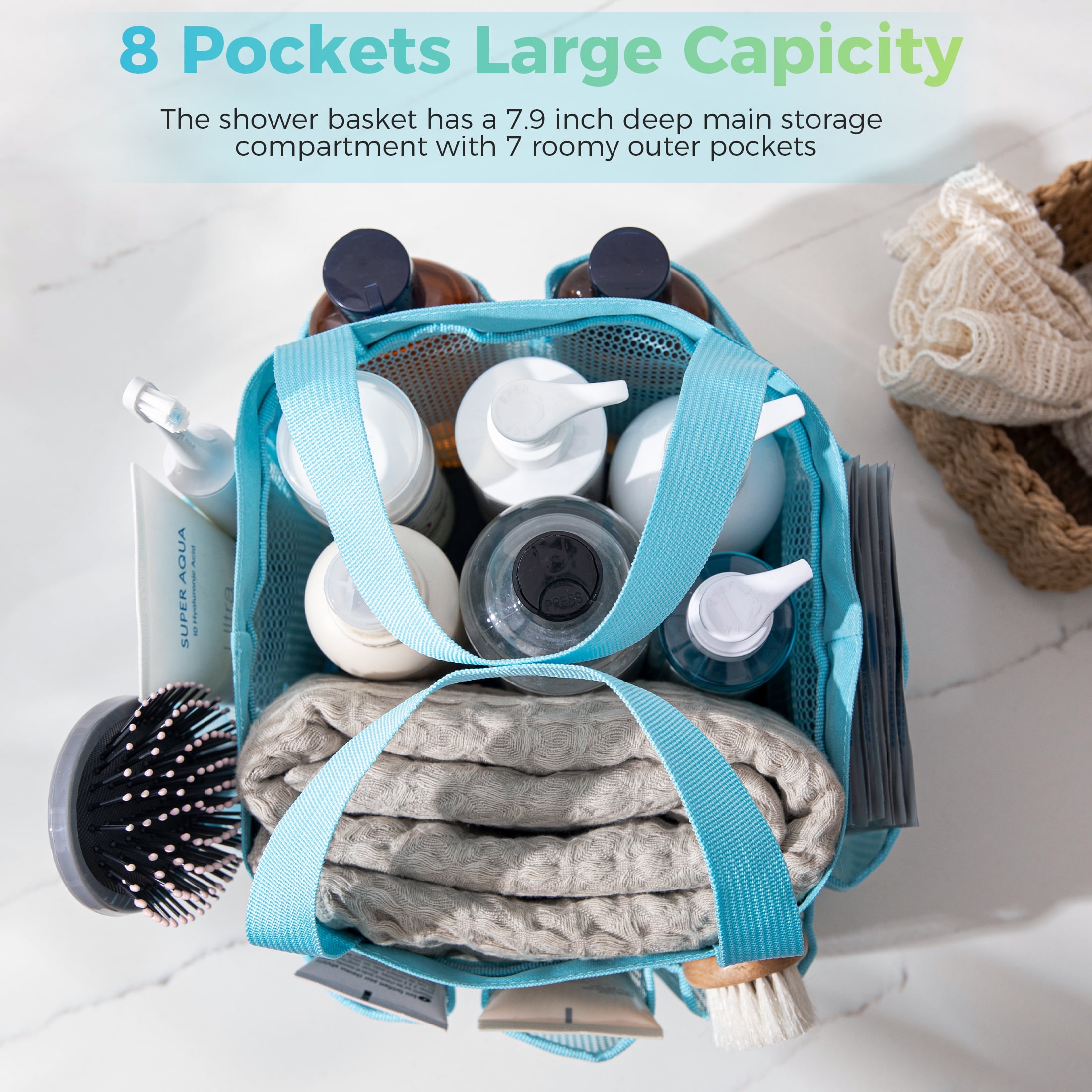 Siaomo Mesh Shower Caddy,Tote Bag for College Dorm,Bathroom,8 Pocket Basket,Quick Dry  Blue  (图3) Siaomo Mesh Shower Caddy,Tote Bag for College Dorm,Bathroom,8 Pocket Basket,Quick Dry  Blue  (图3)