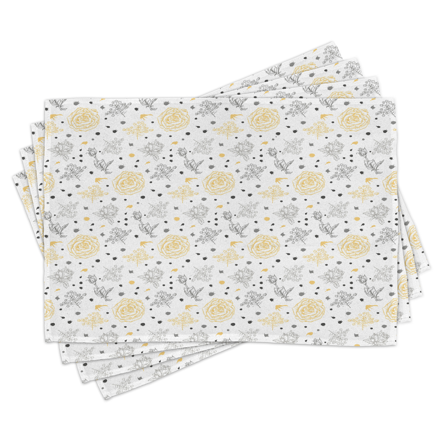 Grey and Yellow Placemats Set of 4 Grunge Sketchy Romantic Roses Leaves