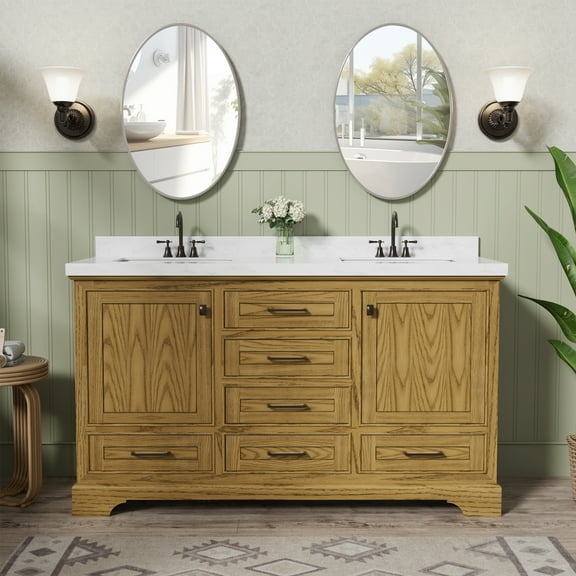 Eclife Fully Asembled 60-Inch Double Sink Bathroom Vanity with Engineered Marble Quartz Top