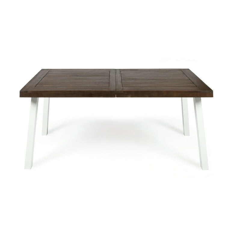Elaina Outdoor Acacia Wood Dining Table with Metal Legs, Dark Brown, White  Rustic Metal