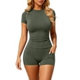 thumbnail image 2 of Besolor Short Sets for Women Summer 2 Piece Stretch Slim Crewneck Short Sleeve Tops with Shorts Comfy Gym Yoga Athletic Set(X-Large,Army Green), 2 of 5