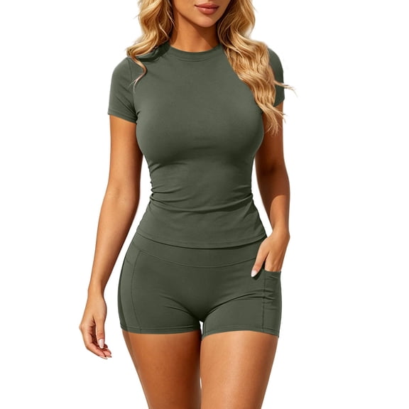 IUYRTFE Women's Short Sleeve Crew Neck Top and Shorts Set Breathable Yoga Athletic 2 Piece Workout Outfit