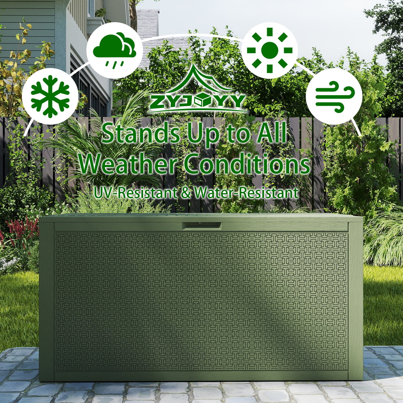 ZYJOYY Outdoor Storage Box, 90 Gallon Deck Box, Waterproof Resin Storage Bin for Patio Cushions, Gardening Tools, Lockable, UV Resistant, olive green