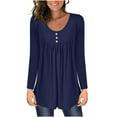 thumbnail image 1 of Kovlvoll Tops for Women Long Sleeve Round Neck Button Pleated Casual Comfy Solid Color Fall Base Shirts, 1 of 6