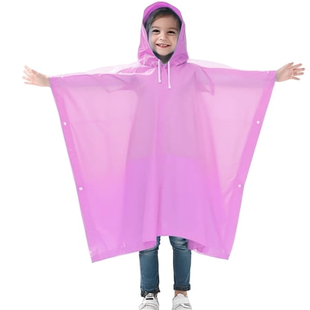 Bobifish Boys Girls Rain Poncho Lightweight Translucent Overhead Design Adjustable Drawstring Hood With Side Snap Fasteners For Travel And Rainy Days，Sized 5-10Y