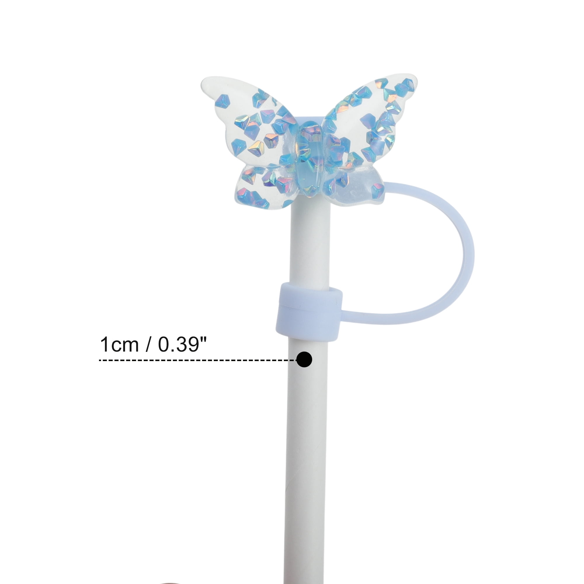 Unique Bargains Sparkling Butterfly Straw Cover Cap Set of 4 Blue