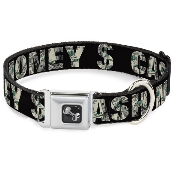 Buckle-Down Pet Collar, Dog Collar Metal Seatbelt Buckle, Cash Money Black Dollar Bills Fill, 9.5 to 13 Inches 1.0 Inch Wide
