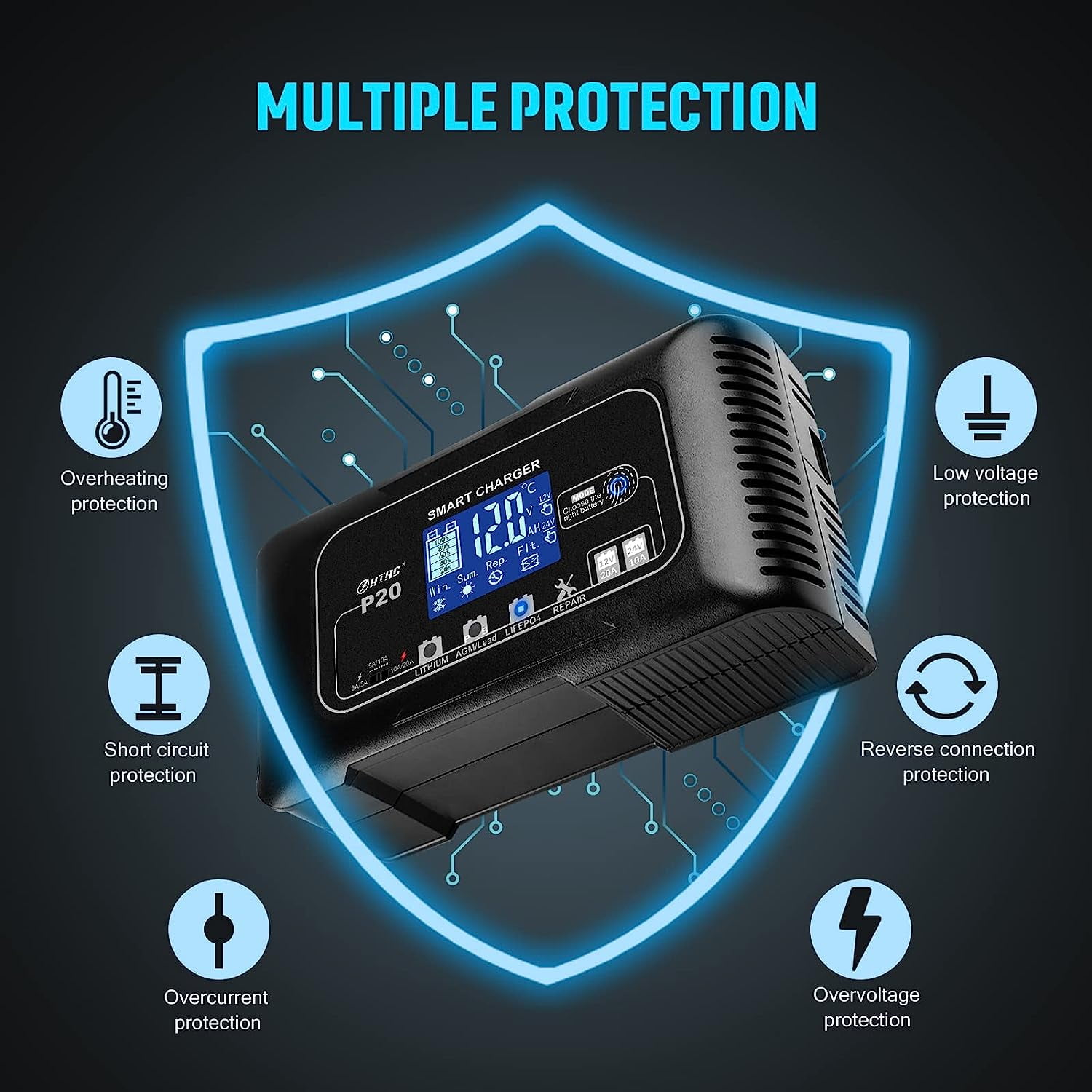 20-Amp Smart Battery Charger,Lithium,LiFePO4,Lead-Acid(AGM/Gel/SLA..) Car Battery Charger,Trickle Charger, Maintainer/Deep Cycle Charger,12V/20A and 24V/10A,for Boat,Motorcycle,Lawn Mower,Golf Cart..