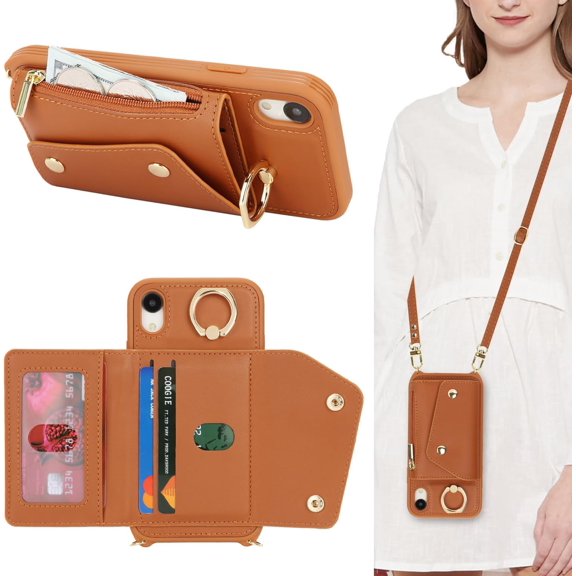 for iPhone XR Case with Card Holder and Strap - Zipper Pocket,Crossbody Lanyard Strap,Credit Card Holder,Stand Ring,Cute Phone Wallet Case for Women(Brown,6.1 Inch)