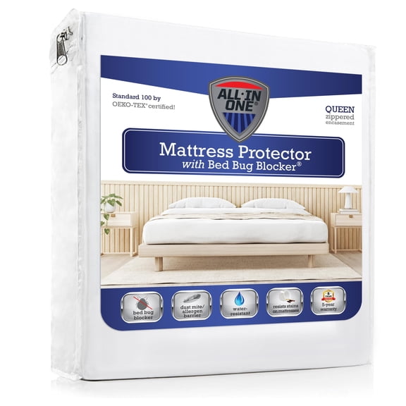 Zippered Mattress Encasement Protector, Waterproof Bed Cover for Queen Size, Triple Layer Seal Technology, Hypoallergenic Barrier Against Dust Mites, White