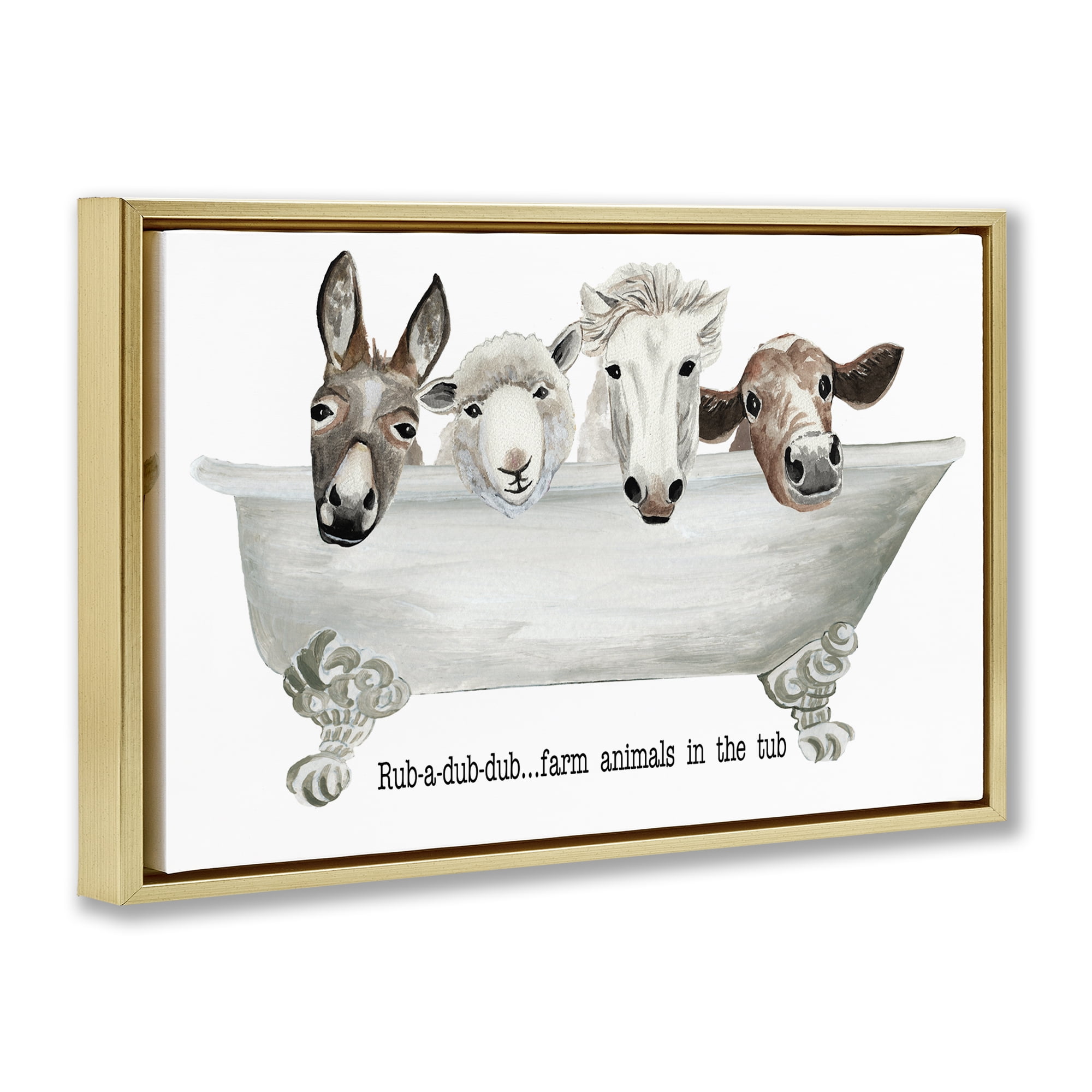 Stupell Industries Farm Animals Tub Bath & Laundry Painting Gold Floater Framed Canvas Art Print Wall Art, 25 x 17