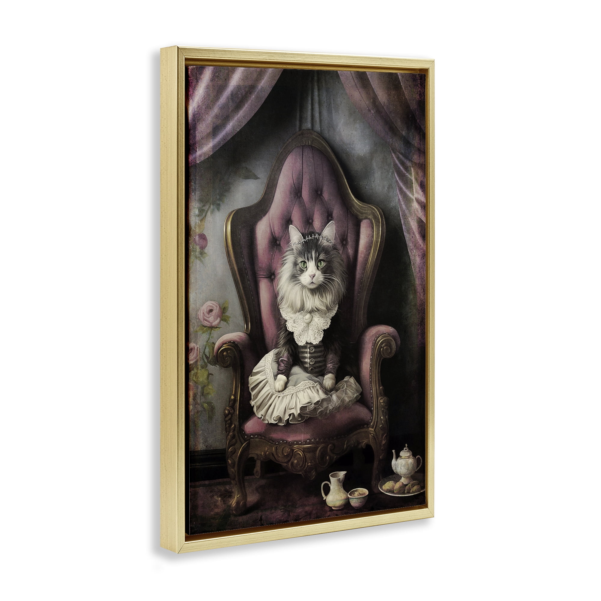 Stupell Industries Royal Cat & Tea Novelty Painting Gold Floater Framed Canvas Art Print Wall Art, 17 x 25