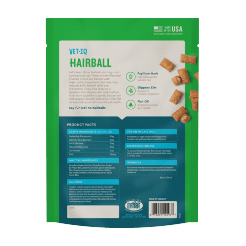 Vet IQ Hairball Health Supplement for Cats, Chicken Flavored Crunchy Chews, Approx. 30 Day Supply