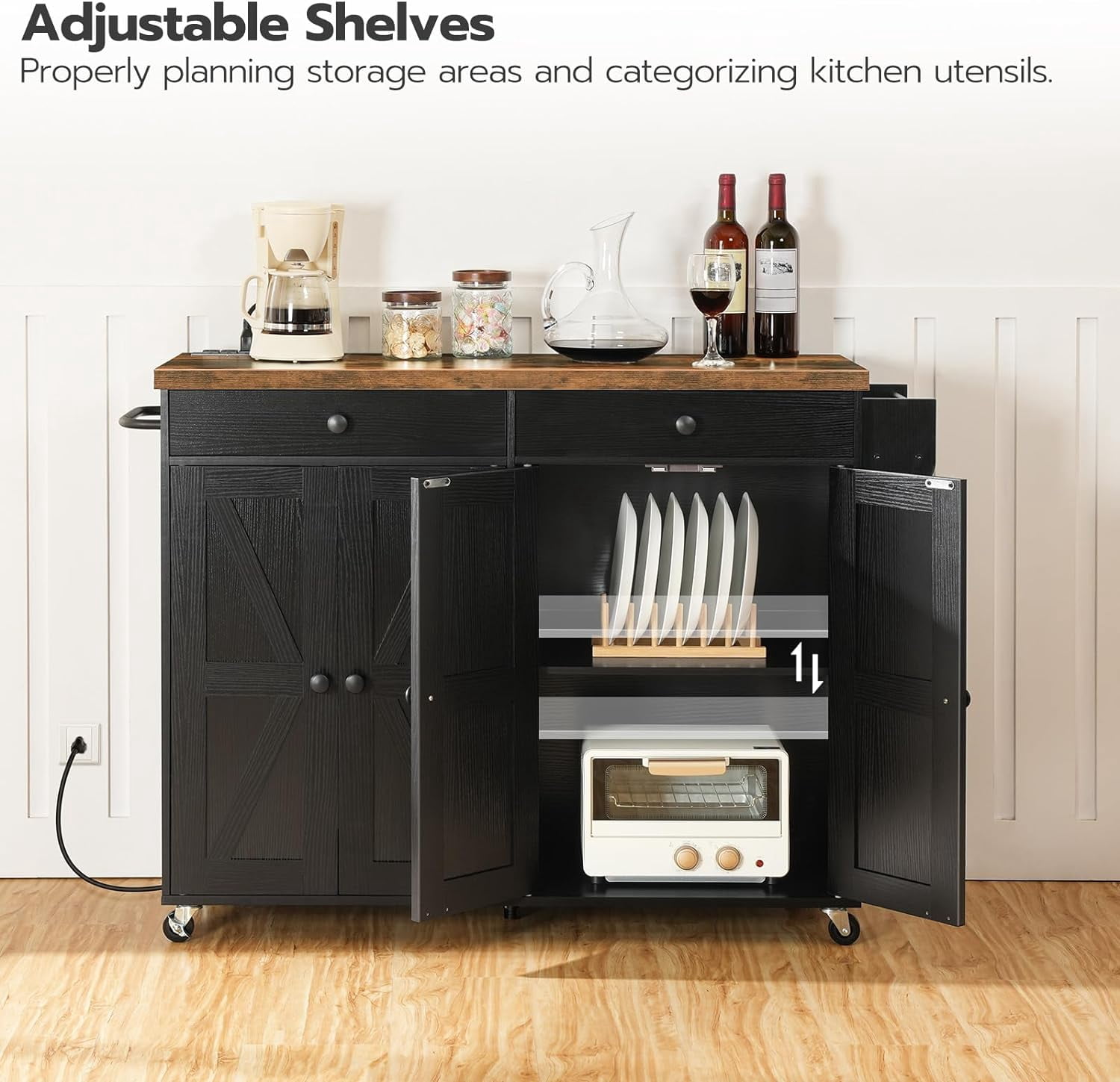 HOOBRO 43.3" Rolling Kitchen Island with Charging Station Kitchen Island Cart with Spice Rack and Hooks Kitchen Living Room Rustic Brown and Black BF11UZD01