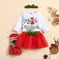 thumbnail image 4 of Hwmodou Little Children Outfits Girls Chiristmas Letters Prints Flare Long Sleeves Romper Skirt Hairband Socks Outfit Set Cloths Holiday Vacation Outfit For Child, 4 of 7
