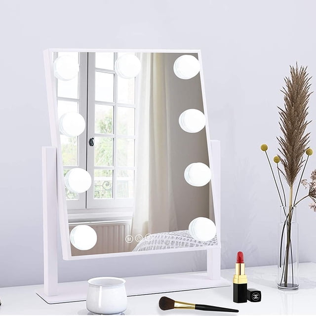 Espejo de maquillaje con 9 luces LED regulables, rotación de 360° y soporte en forma de U, control táctil inteligente, espejo de tocador.