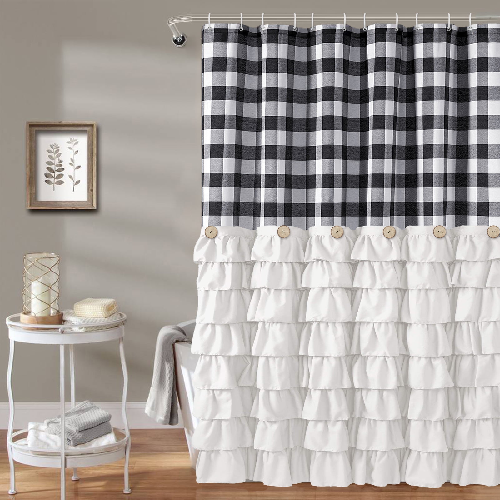 Farmhouse Shower Curtain Black and White Buffalo Plaid Pattern Fabric with Buttons & White Ruffles 72"x72"