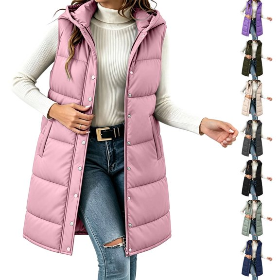 Long Puffer Vest for Women Longline Hooded Padded Vest Snap Zip Up Quilted Sleeveless Jacket Winter Coats for Women with Pockets for Fall Winter Outdoor Casual Daily Wear