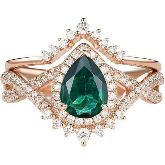 Divine_creation 2.20 Ct Pear Cut Green Emerald Womens Engagement Bridal Ring Set 14K Rose Gold Plated 925 Sterling Silver -7