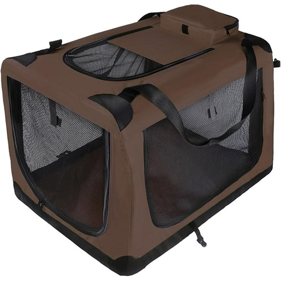 Dog Crates for Medium Dogs, 37.4" L x 25.6" W x 25.6" H Portable Travel Large Dog Crate, Collapsible Pet Cage for Indoor Outdoor, 3-Door Dog Kennel with Mesh Windows & Zipper Pocket Coffee