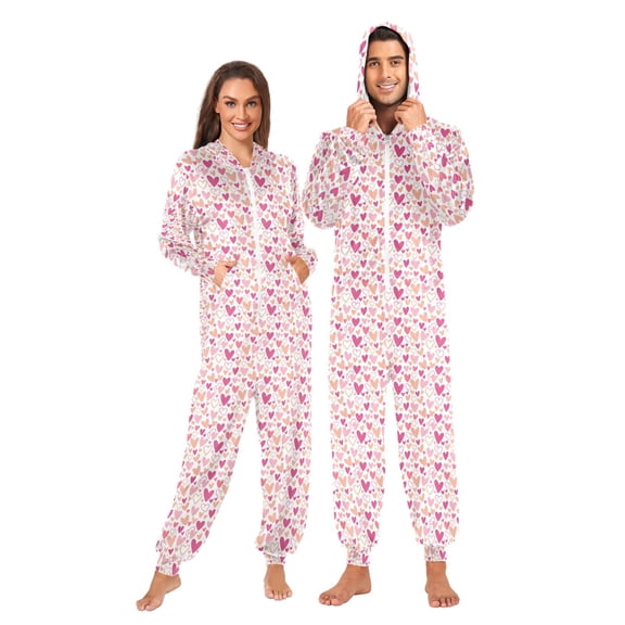 Adult Christmas Onesie Pinks Hearts Zipper One-Piece Pajamas Unisex with Pockets