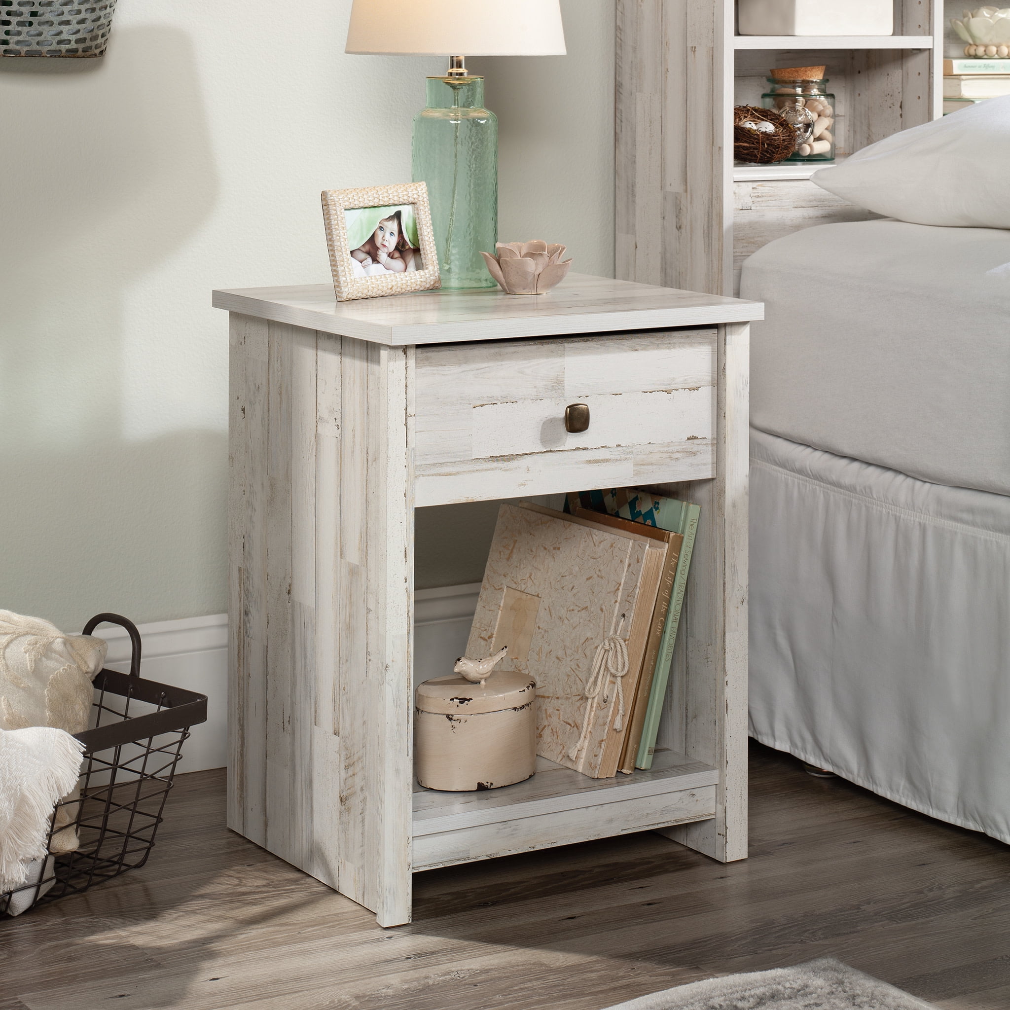 Sauder River Ranch Rustic Nightstand with Drawer, White Plank Finish