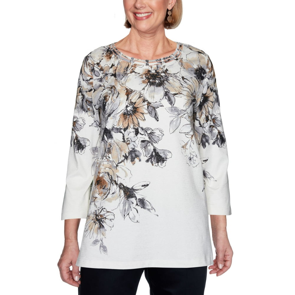Alfred Dunner - Alfred Dunner Women's Classics Floral Yoke Top, Ivory ...