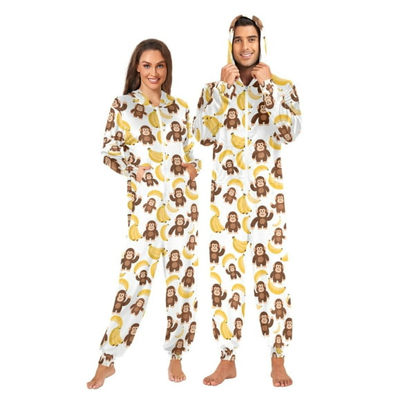 joogoo Cartoon Monkey Bananas Cute Unisex Adults Onesies Pajamas Jumpsuits L