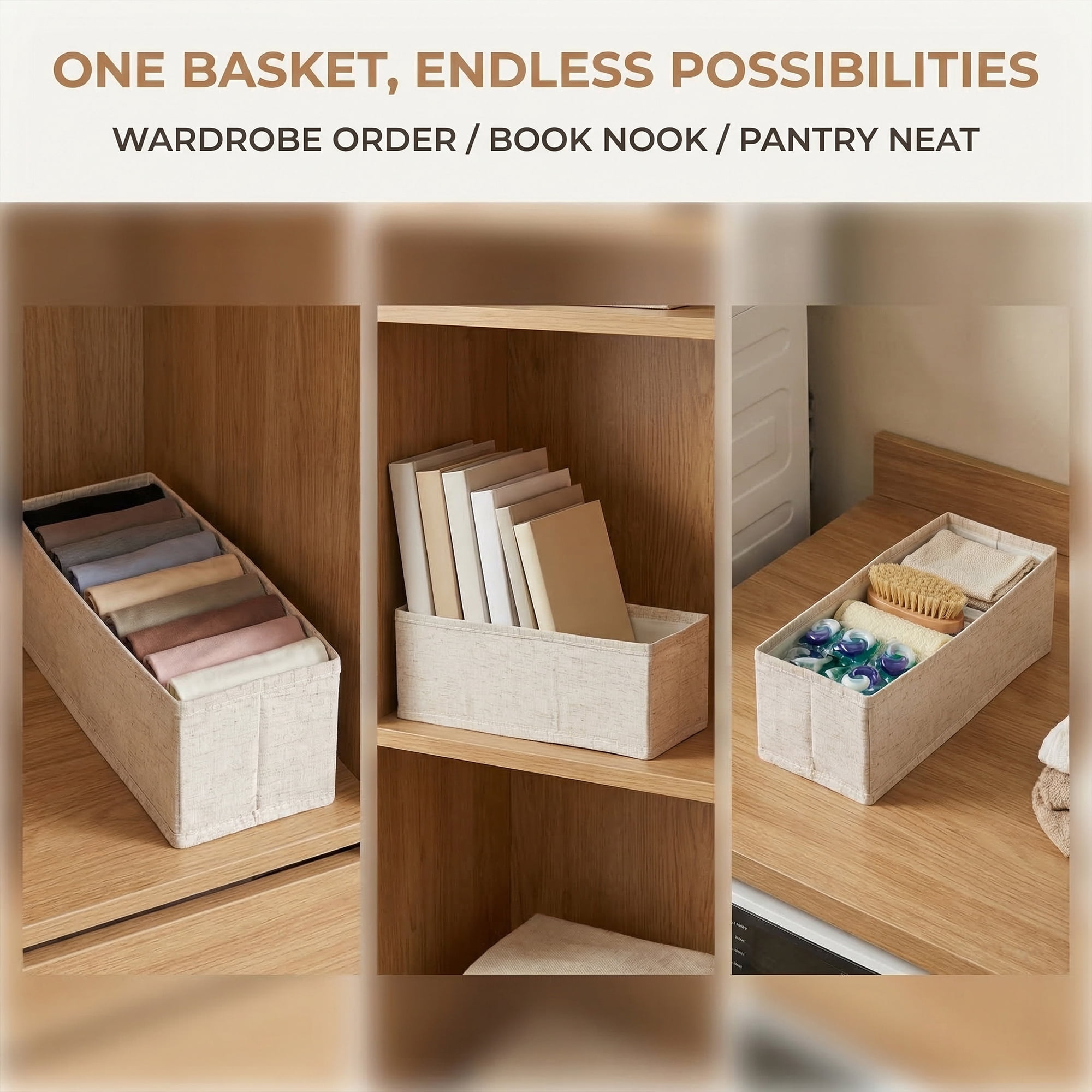 Unique Bargains 1pc Fabric Storage Bin with Handles Beige 13*3.9*3.9in