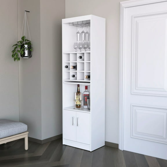 White Bar Cabinet For Wine Display - 13.3 Inches Deep, 71.1 High, 15 Shelves, Engineered Wood With Organizer Feature 2 Doors, Wood, Practical