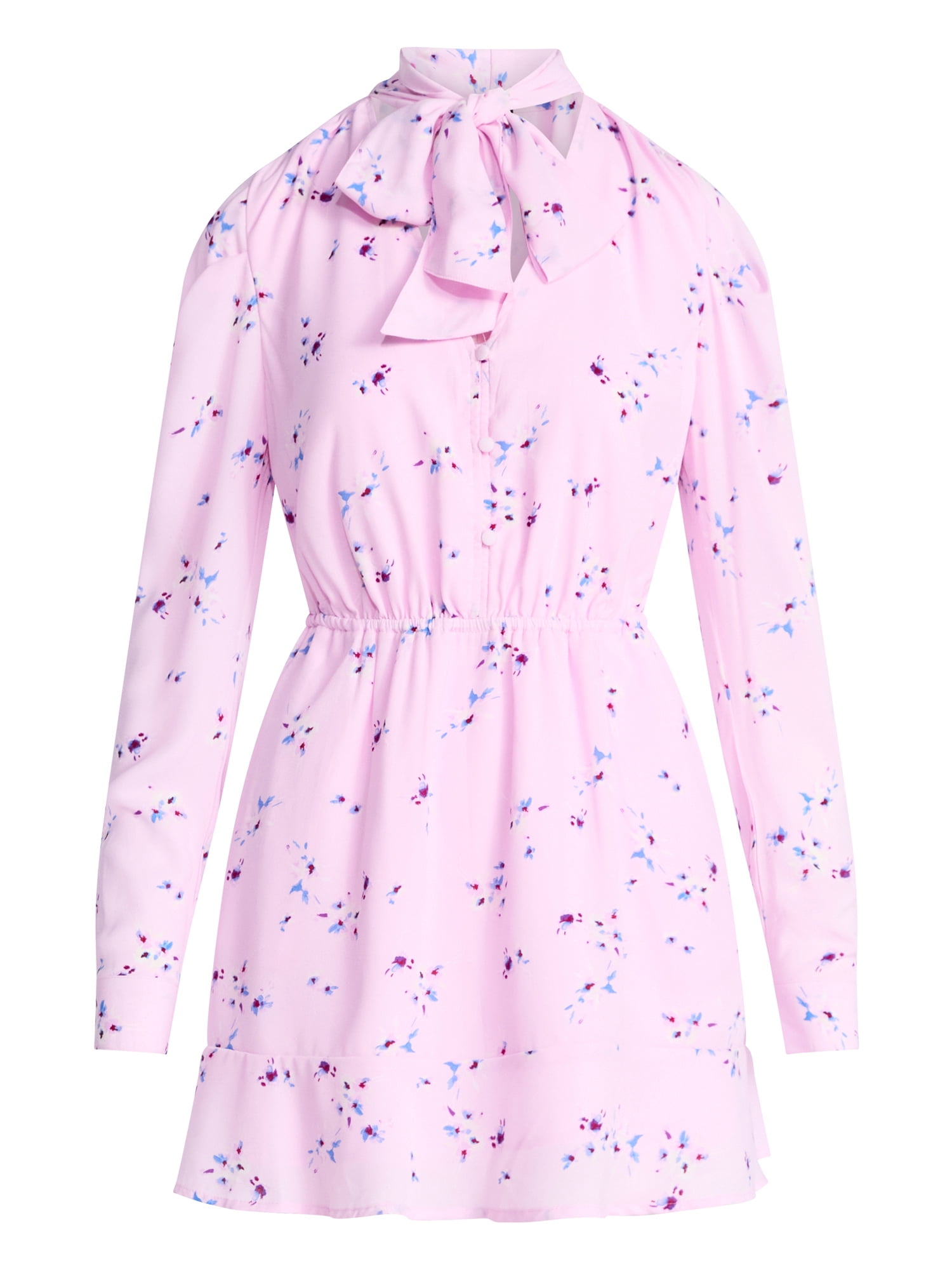Scoop Women's and Women's Plus Tie Neck Mini Dress with Long Sleeves, Sizes XS-4X