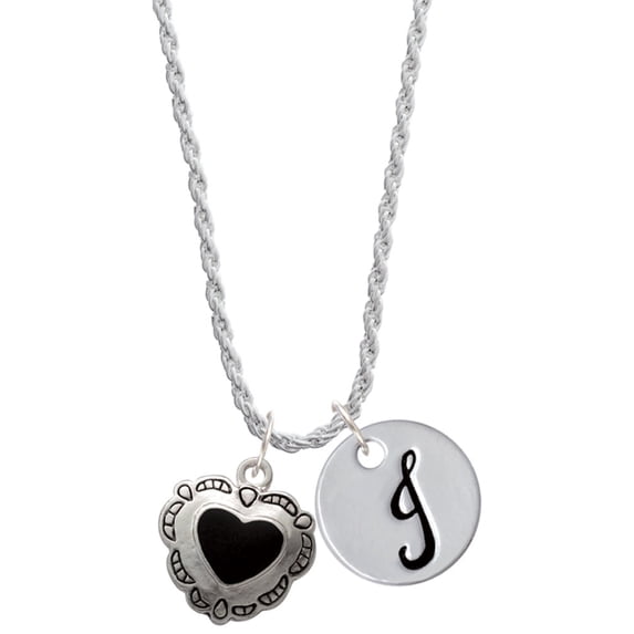 Delight Jewelry Silvertone Black Concho Heart Silvertone Script Initial Disc - J - Charm Necklace, 20"+3"