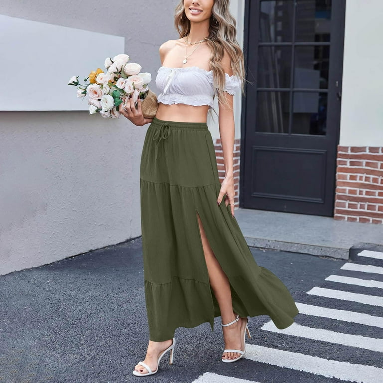 BiZtdJrK Women's 2025 Summer Boho Linen Slit Flowy Maxi Skirt