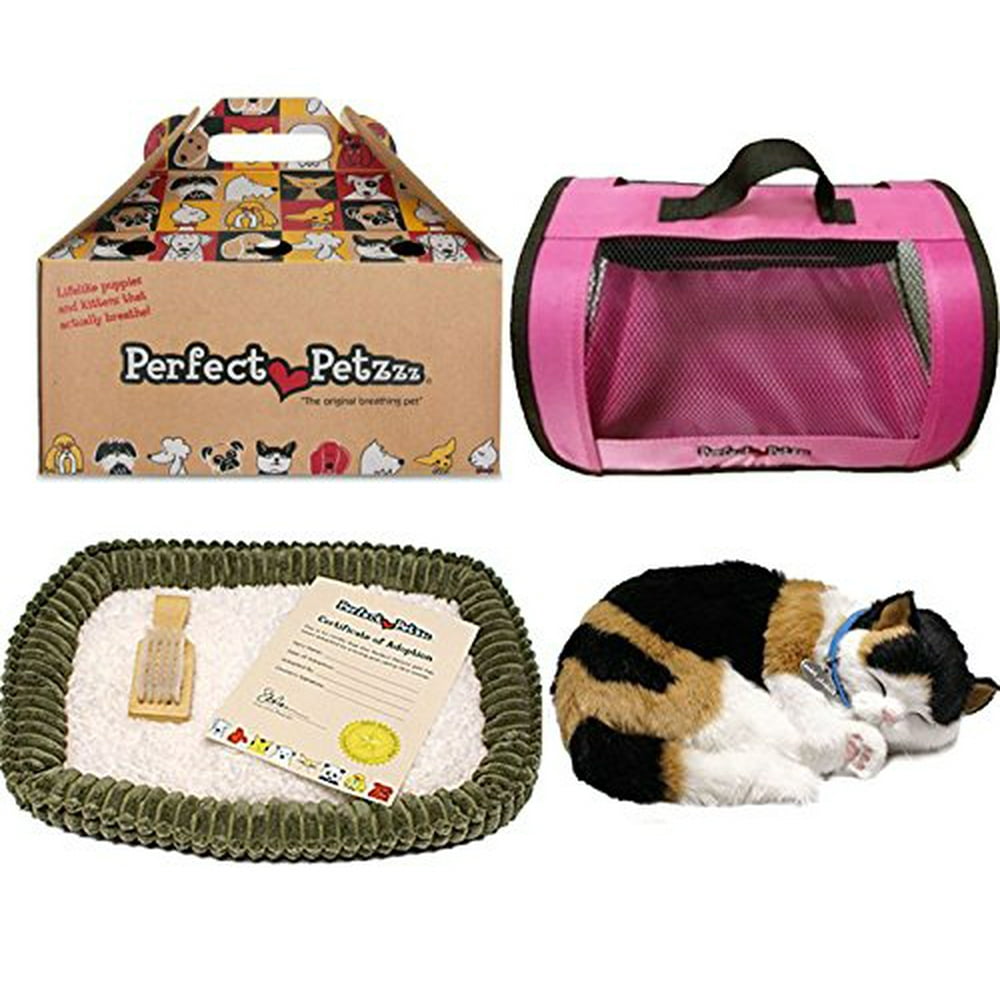 Perfect Petzzz Calico Cat Soft Toy with Pink Tote For Plush Breathing Pet
